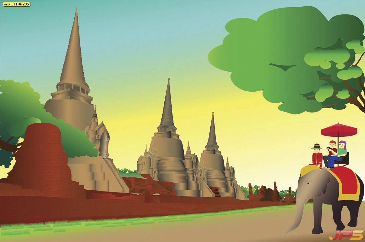 งานดีไซน์ภาพกราฟิกขี่ช้างชมโบราณสถานอยุธยาโทนสีอบอุ่นสะอาดตาเหมาะสำหรับตกแต่งร้านอาหารไทยเพื่อสร้างบรรยากาศที่น่าประทับใจให้ลูกค้า