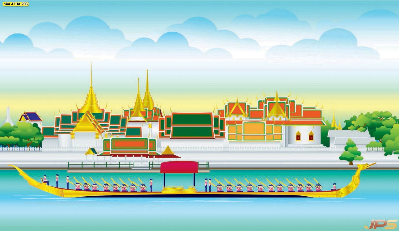 วอลเปเปอร์ลายเรือพระที่นั่งและภาพกราฟิกวัดไทยริมแม่น้ำเจ้าพระยาดีไซน์ทันสมัยเหมาะสำหรับตกแต่งผนังโถงทางเดินขนาดใหญ่ให้ดูหรูหราอลังการ