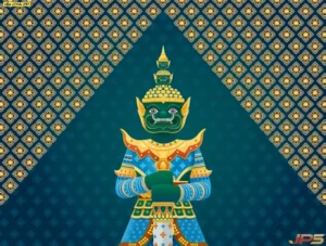 รูปยักษ์วัดแจ้งลายเส้นกราฟิกสีเขียวสง่างามบนพื้นหลังลายไทยสีน้ำเงินทองสำหรับตกแต่งผนังห้องพระให้ดูมีพลัง