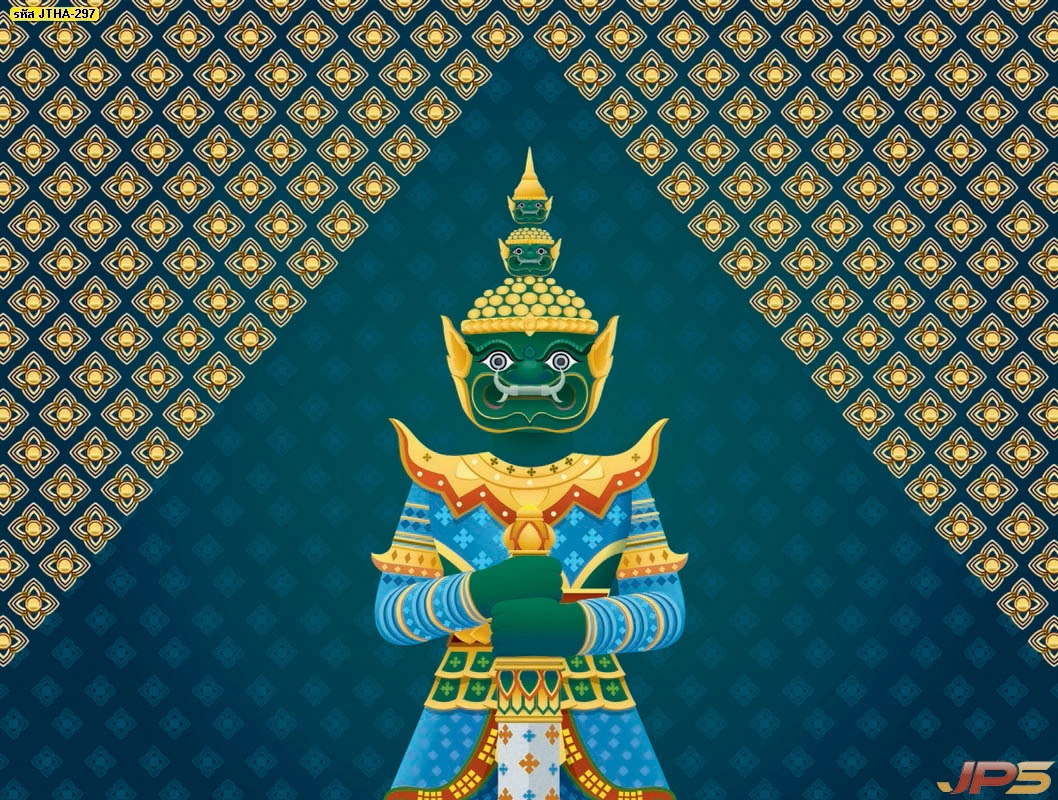 รูปยักษ์วัดแจ้งลายเส้นกราฟิกสีเขียวสง่างามบนพื้นหลังลายไทยสีน้ำเงินทองสำหรับตกแต่งผนังห้องพระให้ดูมีพลัง