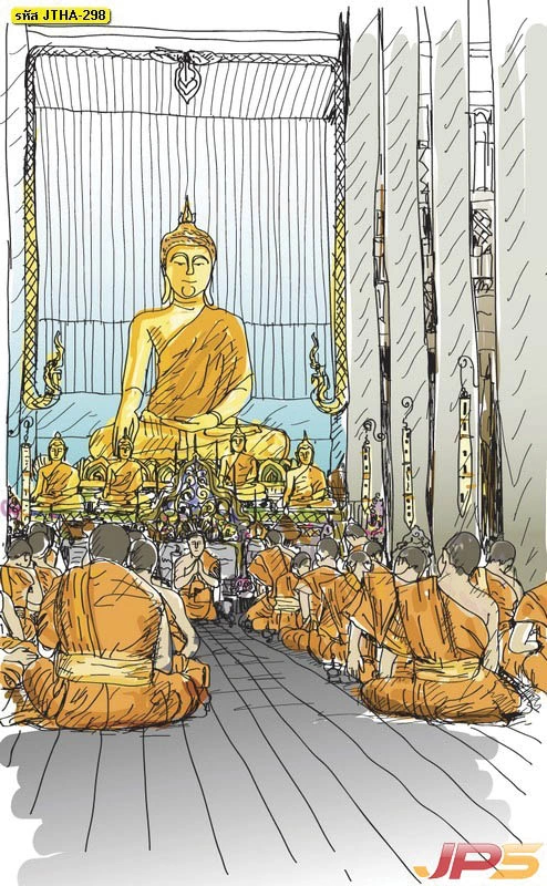 ภาพพิมพ์ศิลปะไทยร่วมสมัยลายเส้นสเก็ตช์รูปพระประธานในพระอุโบสถและพุทธบริษัทช่วยสร้างบรรยากาศแห่งความเลื่อมใส