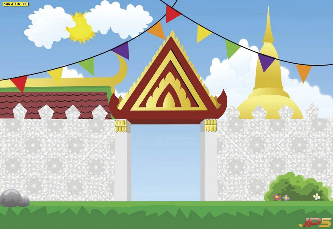 วอลเปเปอร์ลายกราฟิกไทยตกแต่งห้องพระภาพซุ้มประตูวัดประดับธงราวหลากสีบนผนังลายไทยสีขาวสะอาดตาเพิ่มความสว่างและสิริมงคลให้กับพื้นที่ศักดิ์สิทธิ์