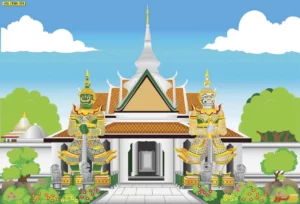 ภาพกราฟิกยักษ์และวัดไทยสำหรับแต่งผนังหน้าซุ้มประตูวัดแจ้งสีขาวสะอาดตาเสริมสิริมงคลและปกป้องคุ้มครองผู้อยู่อาศัยตามความเชื่อของคนไทย