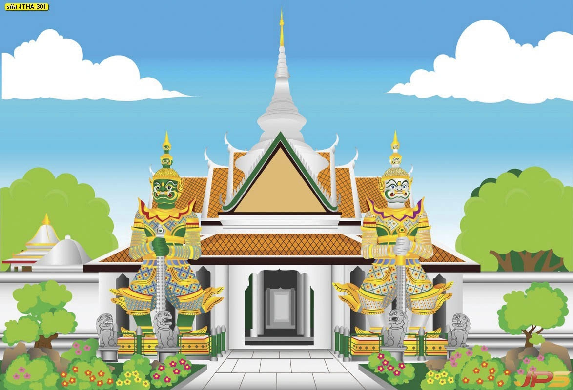 ภาพกราฟิกยักษ์และวัดไทยสำหรับแต่งผนังหน้าซุ้มประตูวัดแจ้งสีขาวสะอาดตาเสริมสิริมงคลและปกป้องคุ้มครองผู้อยู่อาศัยตามความเชื่อของคนไทย