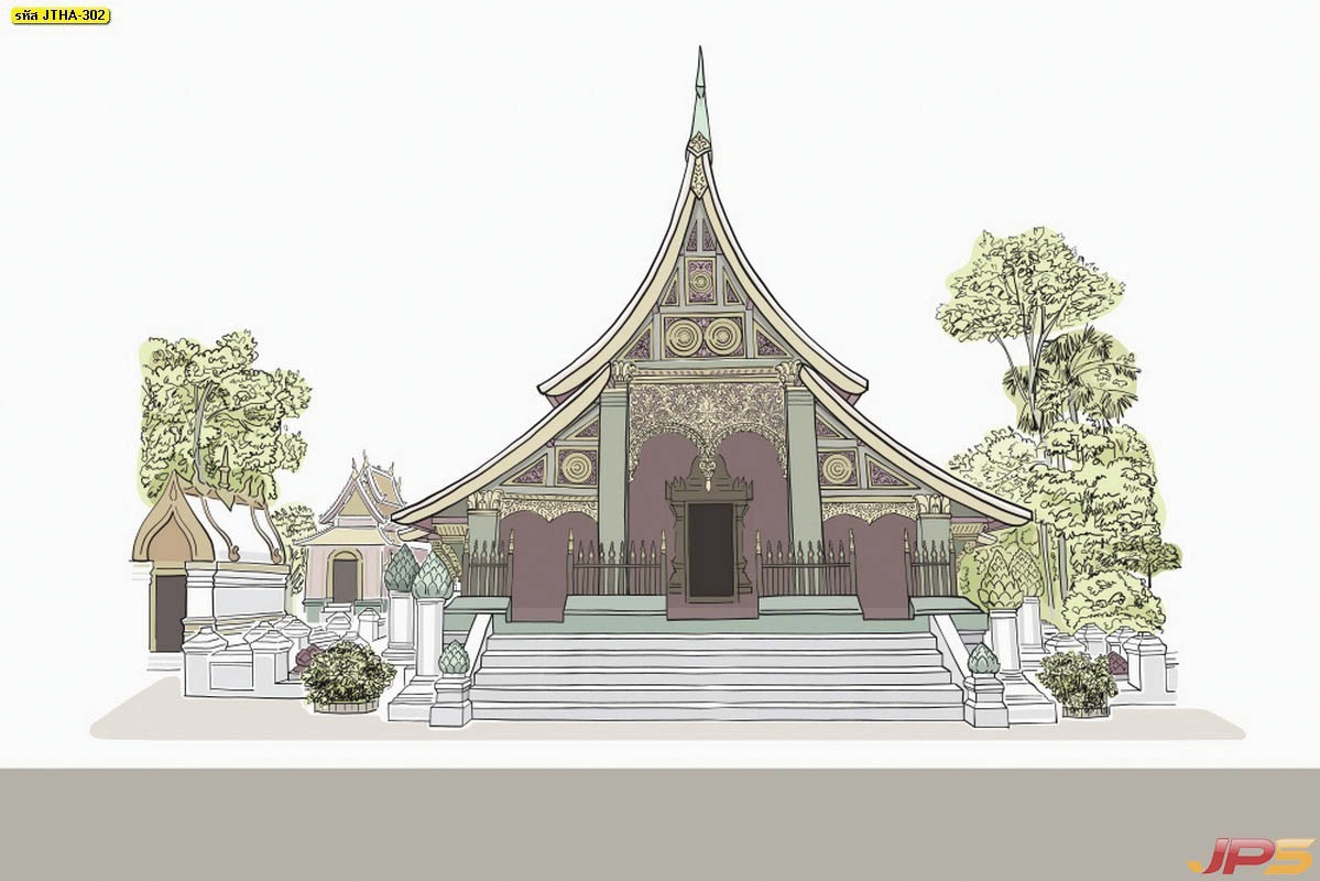 ภาพร่างลายเส้นสถาปัตยกรรมไทยวัดภาคเหนือสไตล์ร่วมสมัยที่เรียบง่ายแต่ทรงพลังเหมาะสำหรับคนรักงานอาร์ตแนวไทยมินิมอลประหยัดพื้นที่สายตา