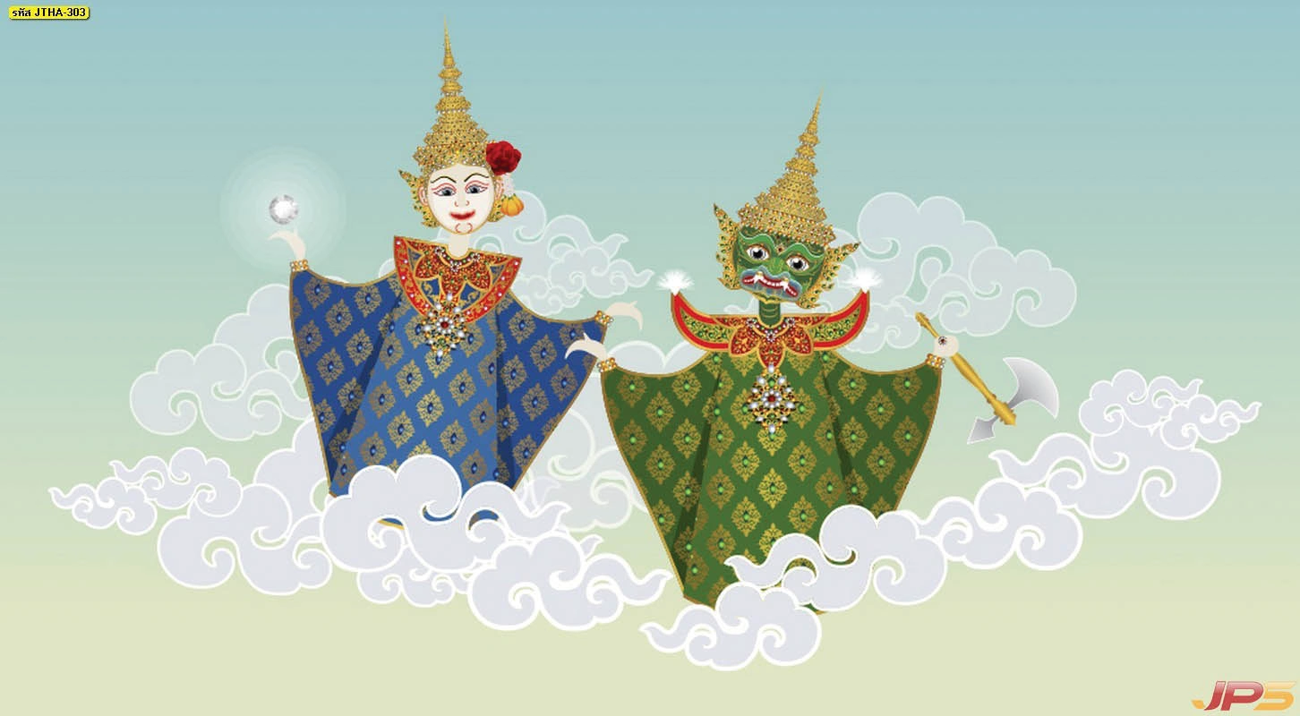 วอลเปเปอร์ลายการ์ตูนไทยเมขลารามสูรท่ามกลางปุยเมฆใช้ตกแต่งห้องพระเพื่อเล่าเรื่องราววัฒนธรรมไทยที่น่าจดจำในรูปแบบงานกราฟิกที่ดูทันสมัย