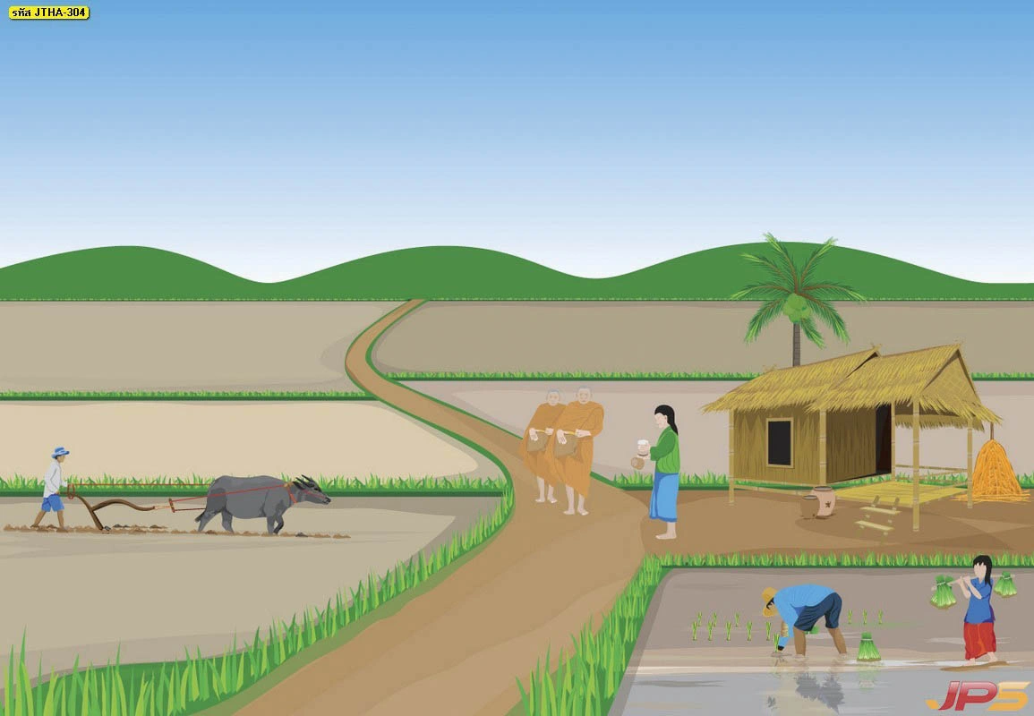 ภาพกราฟิกวิถีชีวิตไทยย้อนยุคบรรยากาศท้องนาและการทำนาแบบดั้งเดิมใช้ตกแต่งร้านอาหารไทยให้ดูมีเอกลักษณ์อบอุ่น