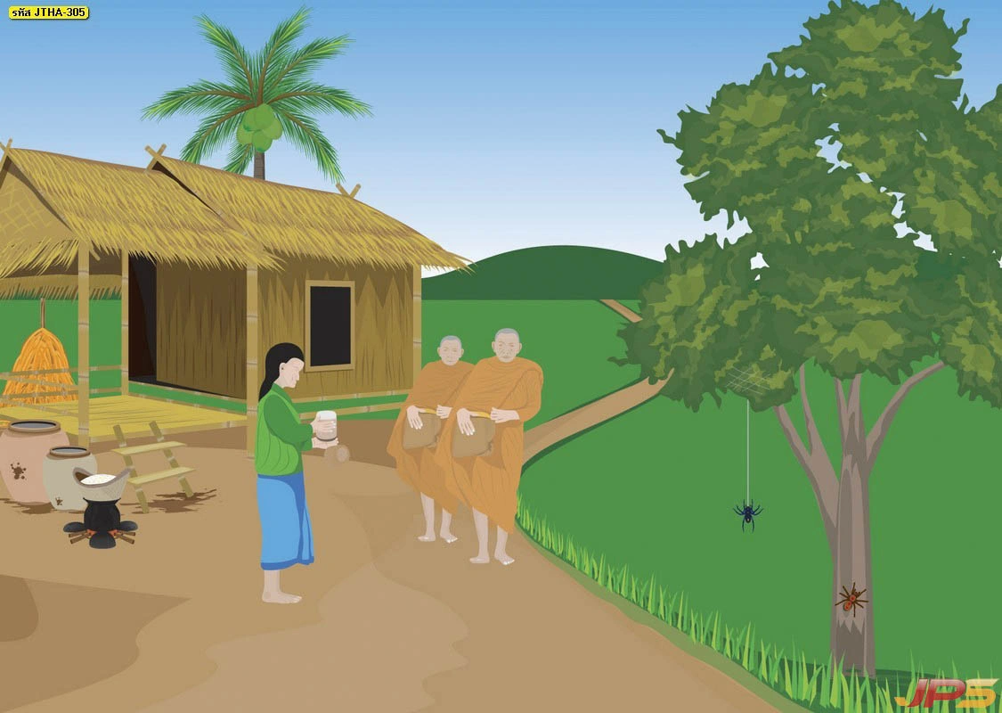 ภาพกราฟิกการ์ตูนลายไทยถ่ายทอดวิถีชีวิตการตักบาตรหน้าบ้านสวนริมน้ำสะท้อนความสงบสุขแบบวิถีพุทธได้อย่างงดงาม