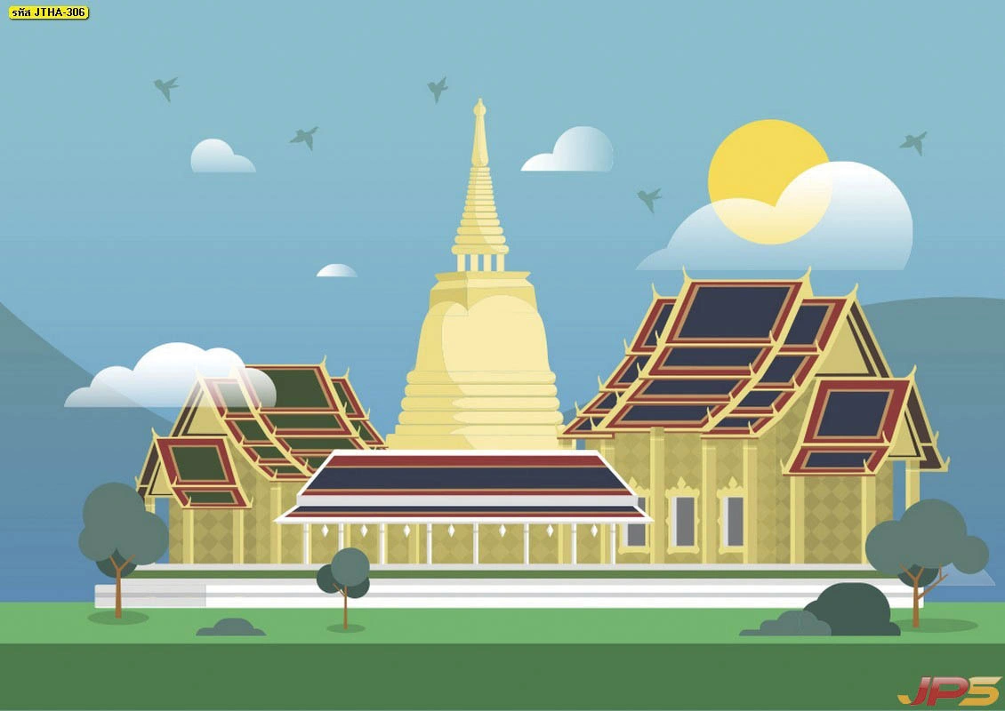 วอลเปเปอร์ลายเจดีย์และศาลาวัดไทยดีไซน์กราฟิกสีเหลืองทองตัดกับท้องฟ้าสีครามช่วยทำให้ห้องดูสว่างกว้างขวางและดูสะอาดตาเพิ่มความเป็นมงคล