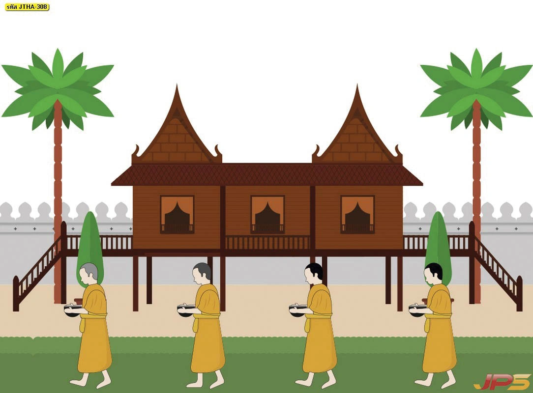 สติ๊กเกอร์ 3M พิมพ์ลายจิตรกรรมไทยรูปพระสงฆ์เดินบิณฑบาตผ่านบ้านเรือนไทยโบราณเสริมความสิริมงคลให้แก่สถานที่