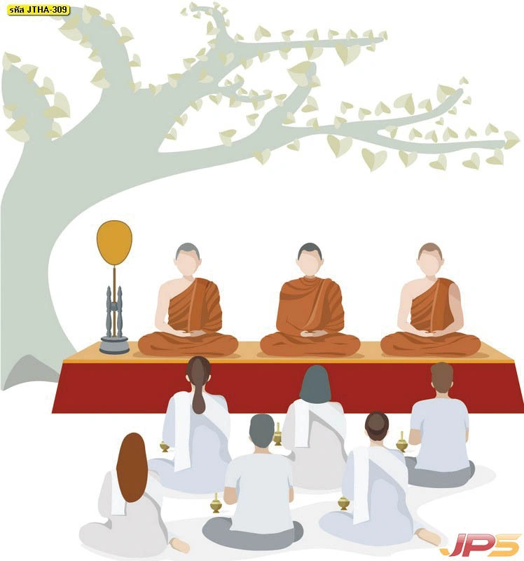 ภาพตกแต่งห้องพระโมเดิร์นลายพระสงฆ์ประกอบพิธีกรรมทางศาสนาใต้ต้นโพธิ์ให้ความรู้สึกสงบเย็นเหมาะแก่การวิปัสสนา