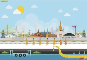 ภาพพิมพ์ศิลปะไทยร่วมสมัยรวมแลนด์มาร์คสำคัญของกรุงเทพมหานครและขบวนเรือพยุหยาตราชลมารคดูทันสมัยระยิบระยับ