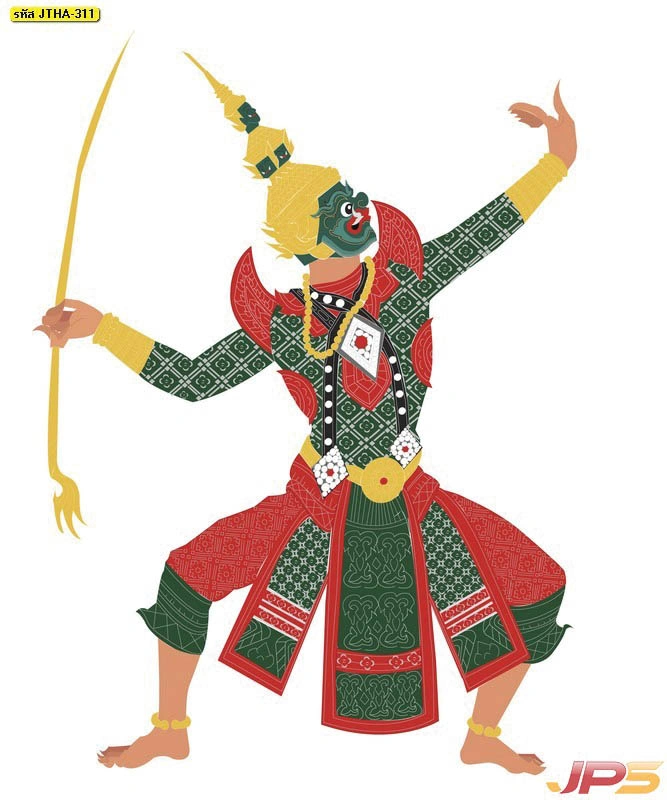 ภาพกราฟิกการ์ตูนลายไทยตัวละครโขนยักษ์ไมยราพในท่วงท่าร่ายรำที่อ่อนช้อยคมชัดเหมาะสำหรับงานตกแต่งภายในที่เน้นศิลปะ