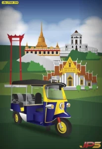 ภาพตกแต่งห้องพระโมเดิร์นรวมสัญลักษณ์ความเป็นไทยทั้งรถตุ๊กตุ๊กและวัดโลหะปราสาทในรูปแบบกราฟิกสีสันสดใสดูสนุกสนาน