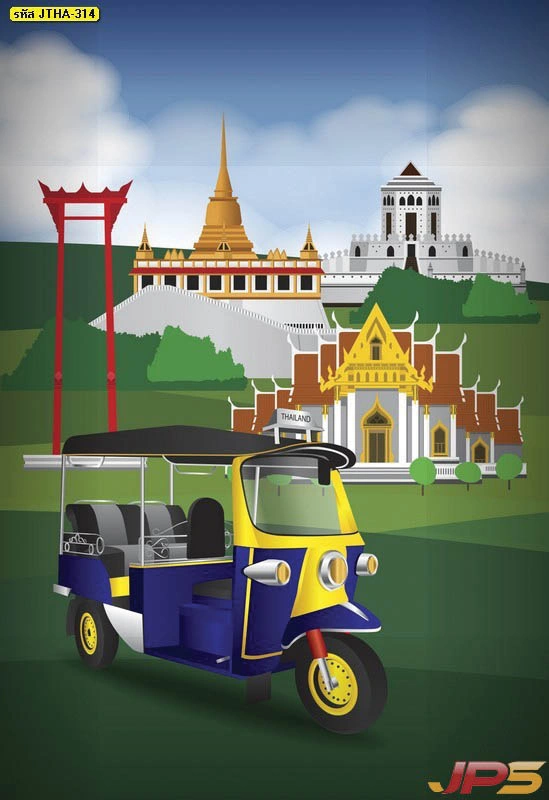 ภาพตกแต่งห้องพระโมเดิร์นรวมสัญลักษณ์ความเป็นไทยทั้งรถตุ๊กตุ๊กและวัดโลหะปราสาทในรูปแบบกราฟิกสีสันสดใสดูสนุกสนาน