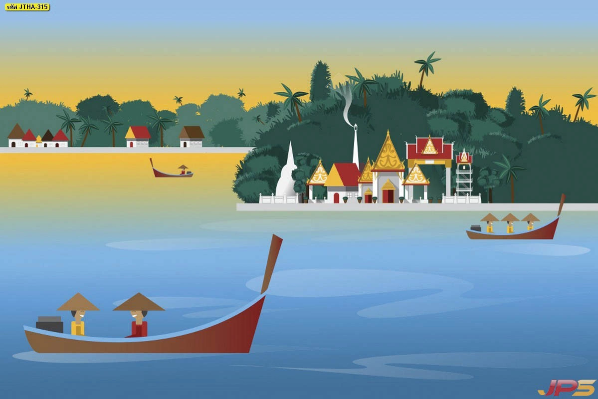 ภาพกราฟิกวิถีชีวิตไทยย้อนยุคริมฝั่งน้ำและวัดวาอารามสีนวลตาช่วยเปลี่ยนบรรยากาศห้องรับแขกให้ดูผ่อนคลายมีสไตล์