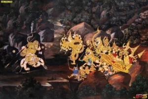 รูปภาพศิลปะไทยฉากยักษ์นนทกและเหล่าเทวดาในวรรณคดีไทยที่มีรายละเอียดลายเส้นสีทองสวยสะดุดตาสำหรับใช้ติดผนังตกแต่งภายในให้ดูหรูหรา