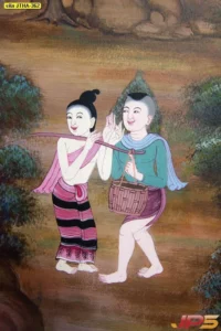 ภาพวาดฝาผนังวิถีชีวิตชาวบ้านล้านนาลายหญิงชายหาบของเดินทางในป่าสะท้อนความขยันหมั่นเพียรและการแต่งกายพื้นเมืองที่มีเอกลักษณ์เฉพาะตัว