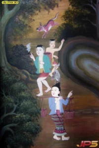 ภาพศิลปะล้านนาแนวพื้นบ้านแต่งร้านกาแฟรูปหญิงหาบของและพรานป่าเดินเท้าเดินทางผ่านหุบเขาและถ้ำดูมีเรื่องราว