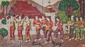 ภาพประเพณีไทยพื้นบ้านนูนต่ำ ขบวนแห่กลองยาวรำถวายผ้าป่าหน้าวัดไทยที่แสดงถึงความสามัคคีและศรัทธาในพุทธศาสนา