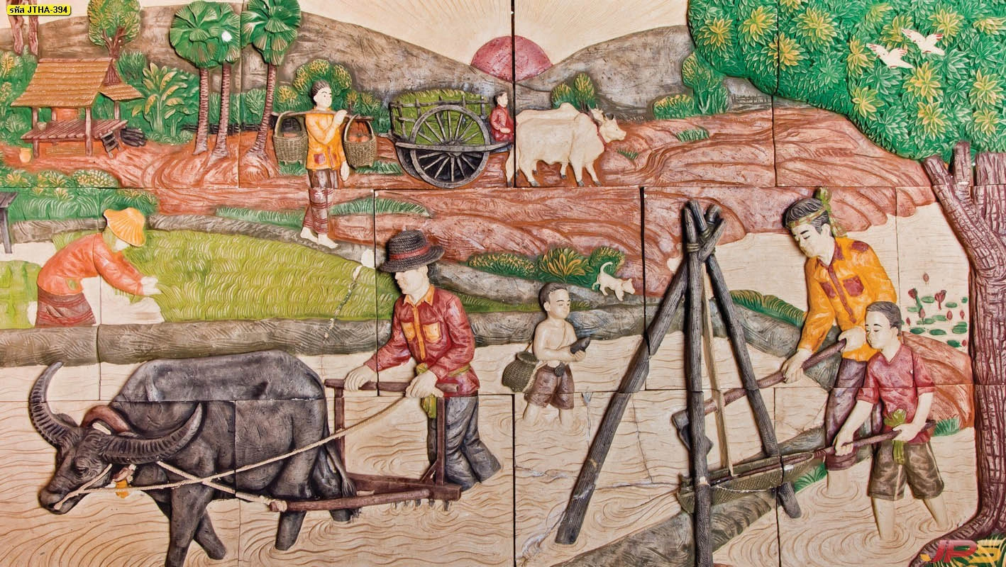 รูปติดผนังวิถีชีวิตชาวไทยโบราณ การทำนาไถบ้านด้วยควายเหล็กและควายจริงท่ามกลางบรรยากาศท้องทุ่งนาที่อุดมสมบูรณ์