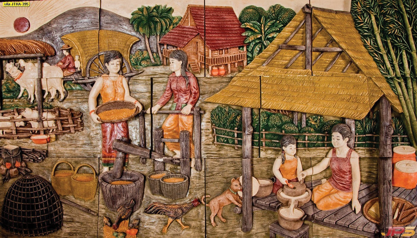 ภาพศิลปะไทยตกแต่งผนังห้องนั่งเล่น จำลองวิถีแม่บ้านไทยในศาลาไม้ขณะโม่แป้งและทำอาหารพื้นบ้านด้วยความประณีต