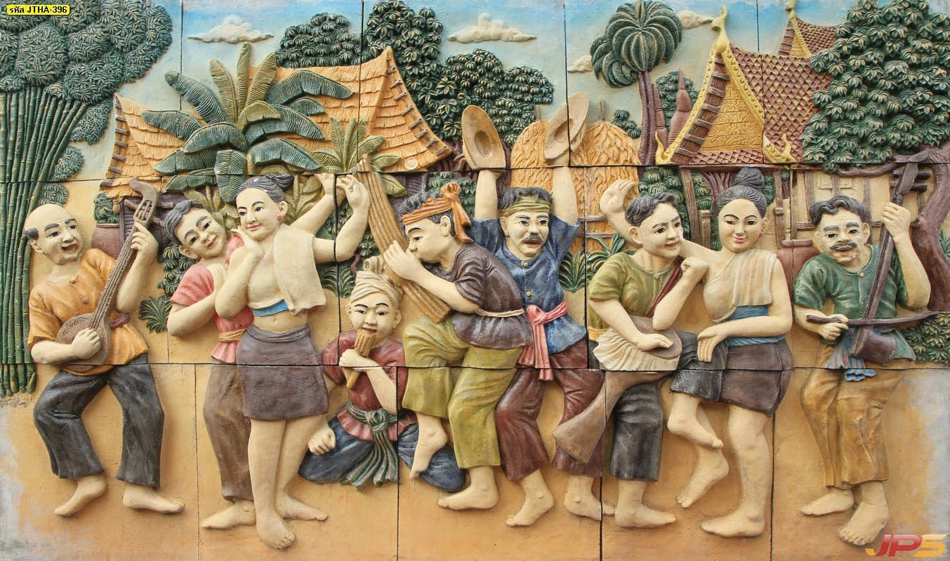 ภาพมงคลตกแต่งร้านอาหารไทย ลายเส้นนูนต่ำการร่ายรำและบรรเลงดนตรีพื้นบ้านไทยที่สร้างความสนุกสนานและมีชีวิตชีวา