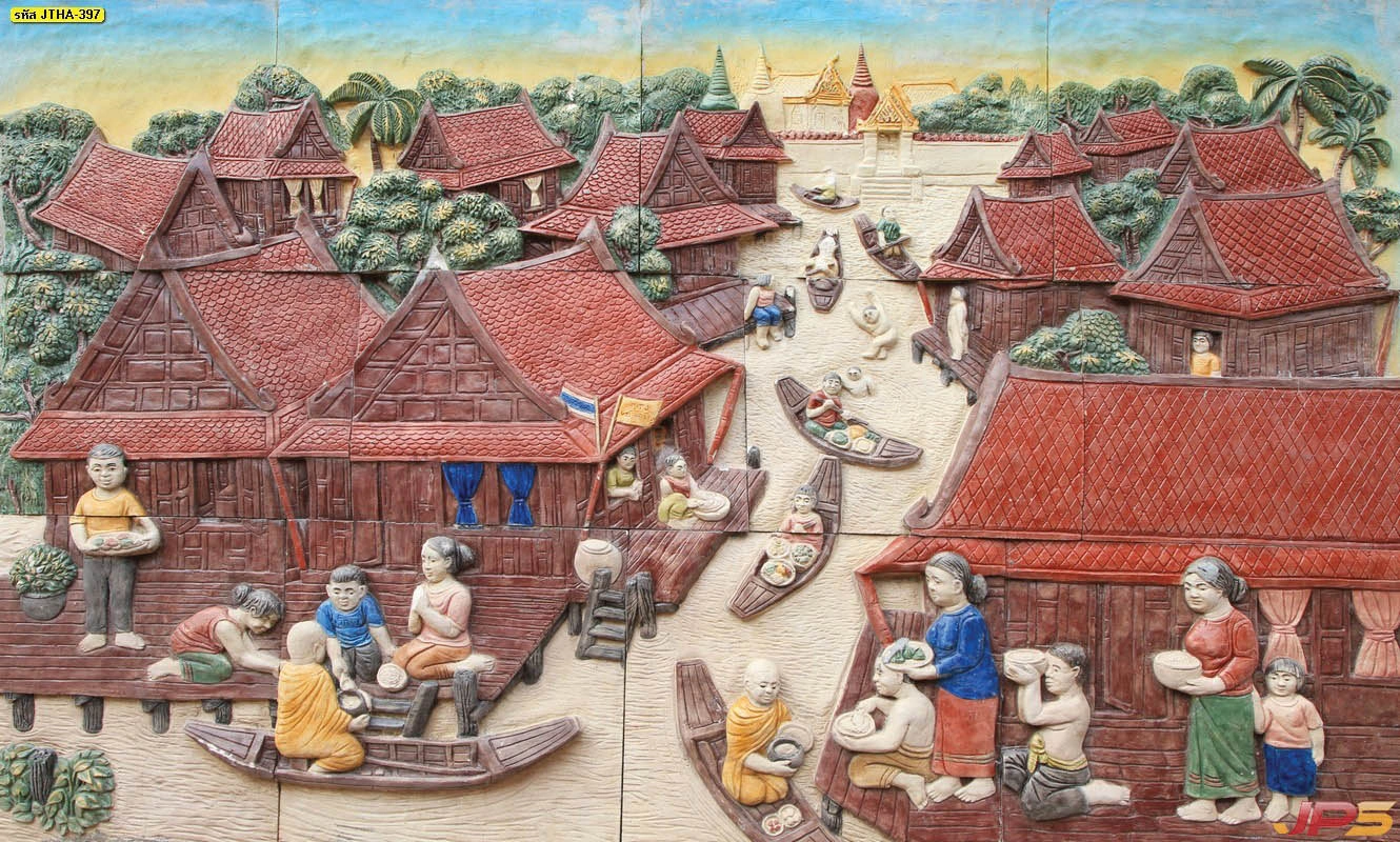 วอลเปเปอร์สติ๊กเกอร์ 3M ลายไทยพิมพ์ลาย จำลองภาพตลาดน้ำริมฝั่งแม่น้ำที่มีบ้านเรือนไทยติดกันดูสวยงามสมจริง