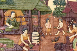 ภาพศิลปะไทยแกะสลักนูนต่ำกิจกรรมในครอบครัวไทยการสานตะกร้าและการทำอาหารสร้างเรื่องราวความผูกพันผ่านงานตกแต่งผนังพรีเมียม