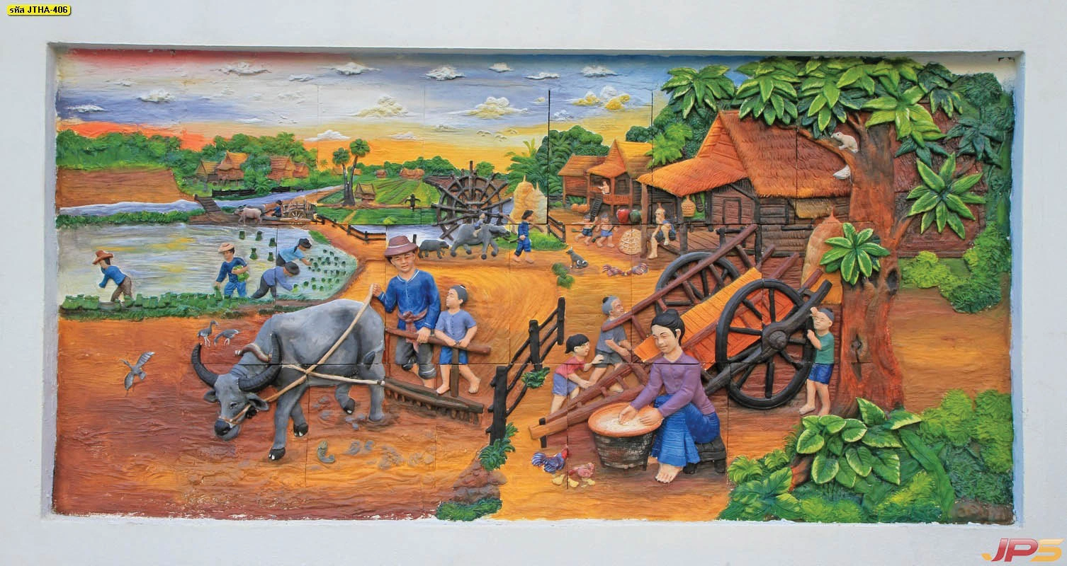 วอลเปเปอร์ลายไทย 3D ภาพการไถนาด้วยควายและกังหันน้ำสะท้อนความอุดมสมบูรณ์ของแผ่นดินไทยเสริมสร้างพลังบวกให้กับเจ้าของบ้าน