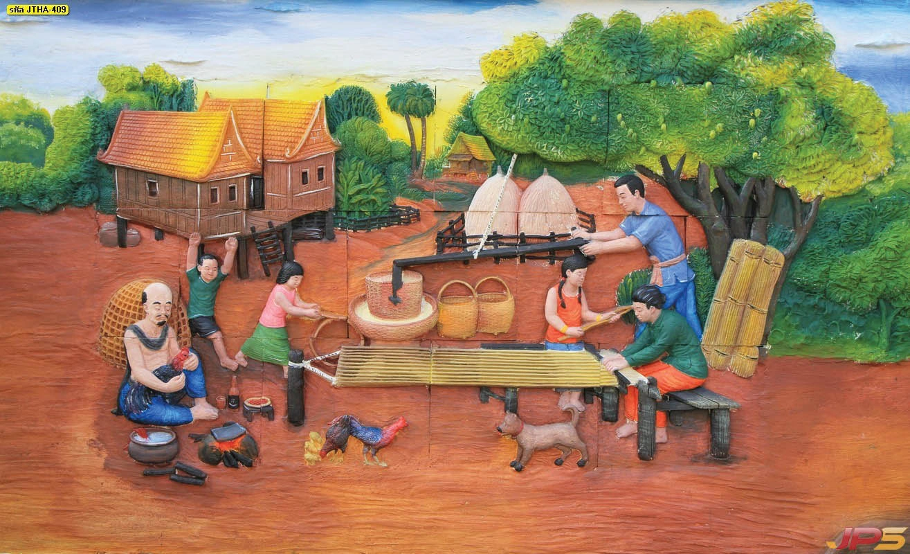 ภาพศิลปะไทยแกะสลักนูนต่ำการนวดข้าวและวิถีการเกษตรดั้งเดิมช่วยสร้างความโดดเด่นและเป็นเอกลักษณ์ให้กับการออกแบบสถาปัตยกรรม