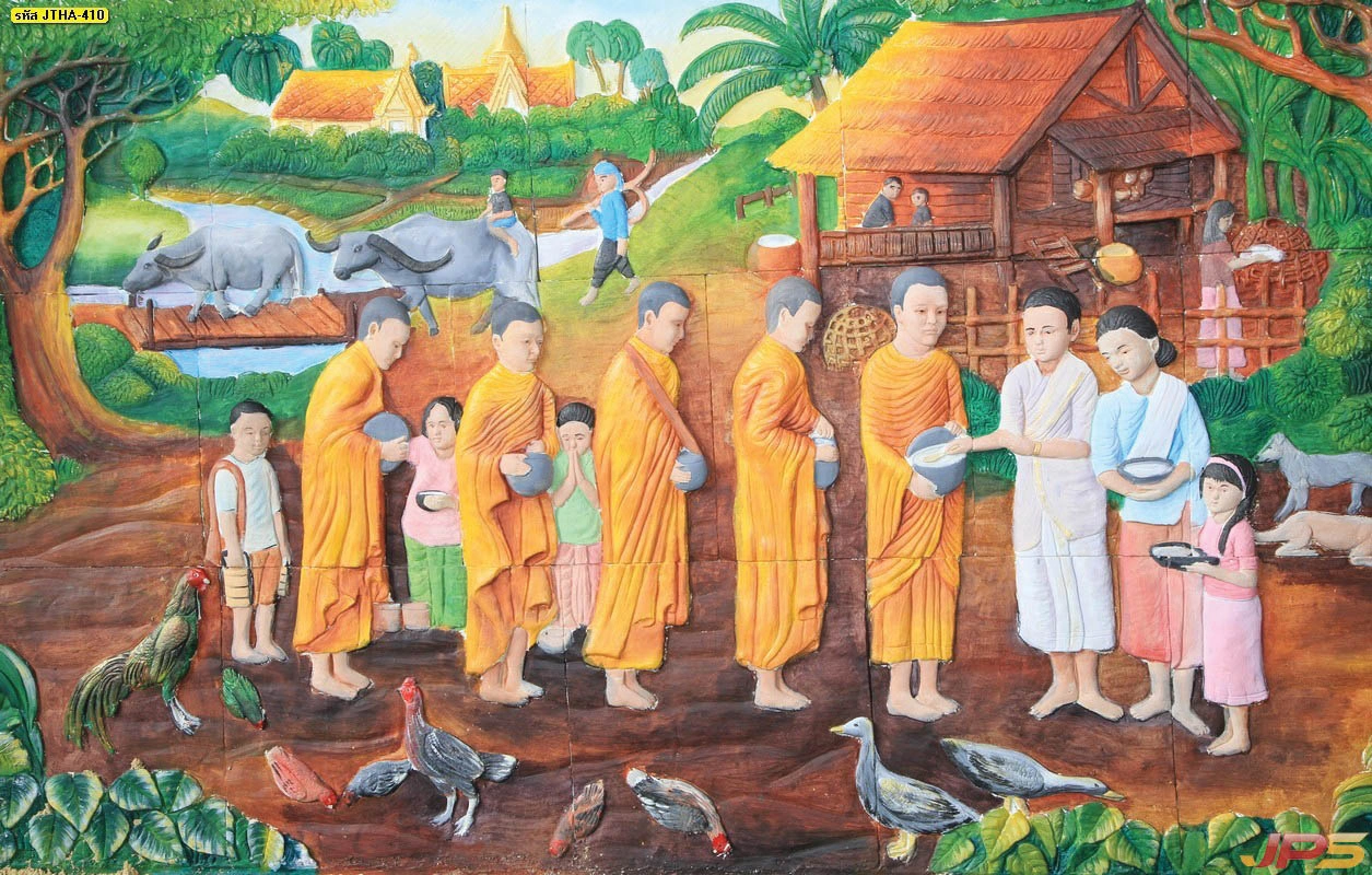วอลเปเปอร์ลายไทยแกะสลัก ภาพศิลปะไทยนูนต่ำการตักบาตรพระสงฆ์ท่ามกลางวิถีชีวิตชนบทที่สงบสุขช่วยเสริมสิริมงคลให้กับการตกแต่งผนังห้องพระ