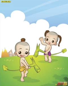 วอลเปเปอร์ลายการ์ตูนไทยพื้นบ้านเด็กเล่นขี่ม้าก้านกล้วยบนสนามหญ้าสีเขียวสดใสช่วยสร้างบรรยากาศสนุกสนานในห้องเด็ก