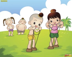 ภาพศิลปะการละเล่นไทยเดินกะลาลายการ์ตูนเด็กไทยผมจุกน่ารักเหมาะสำหรับสั่งพิมพ์สติ๊กเกอร์ติดกระจกโรงเรียนอนุบาล