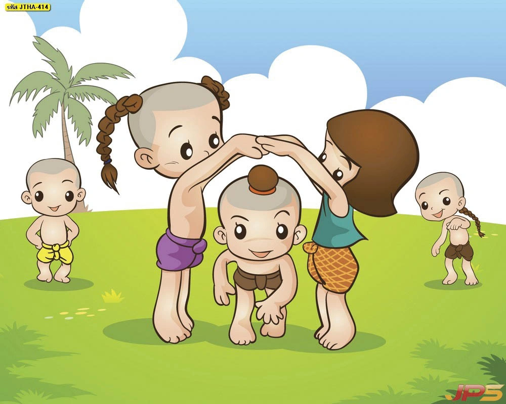 วอลเปเปอร์ลายรีรีข้าวสารการละเล่นเด็กไทยโบราณสีสันสวยงามใช้ตกแต่งผนังห้องเรียนเพื่อเสริมสร้างการเรียนรู้วัฒนธรรม