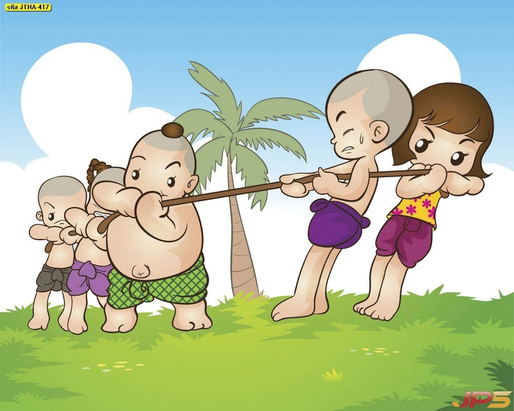 วอลเปเปอร์สั่งพิมพ์ลายวิถีไทยร่วมสมัยภาพเด็กไทยเล่นชักเย่อแสดงถึงความสามัคคีเหมาะสำหรับติดผนังห้องกิจกรรมส่วนกลาง