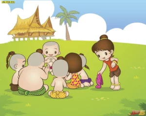 ภาพพิมพ์แคนวาสลายเด็กไทยจุกแกละล้อมวงเล่นมอญซ่อนผ้าหน้าบ้านเรือนไทยช่วยสร้างบรรยากาศที่อบอุ่นและดูเป็นกันเองมาก