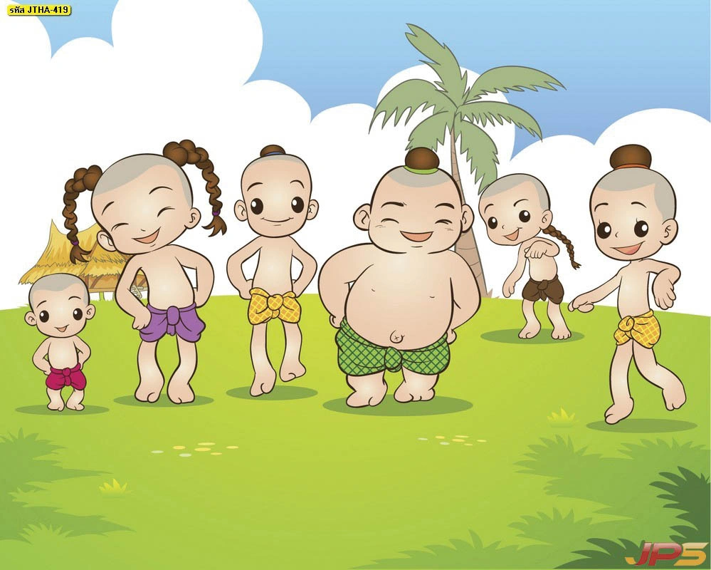 วอลเปเปอร์ลายการ์ตูนไทยพื้นบ้านรวมกลุ่มเด็กไทยผมจุกน่ารักหลากสไตล์สำหรับตกแต่งผนังห้องนั่งเล่นให้มีเอกลักษณ์ไทย
