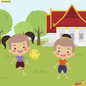 วอลเปเปอร์ลายการ์ตูนวิถีไทยรูปเด็กเตะตะกร้อหน้าวัดไทยสีสันสวยงามสะท้อนเอกลักษณ์การกีฬาและสถาปัตยกรรมไทยได้อย่างดีเยี่ยมสีทนทาน