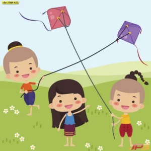 วอลเปเปอร์ภาพพิมพ์สั่งทำลายการ์ตูนชุดไทยและการเล่นว่าวบนท้องฟ้าสีฟ้าสดใสเพิ่มความโปร่งโล่งสบายตาให้กับห้องทำงานและห้องนั่งเล่น