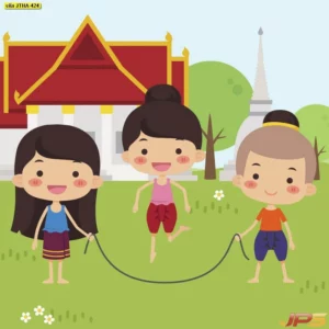 วอลเปเปอร์ลายการ์ตูนวิถีไทยรูปเด็กเล่นกระโดดเชือกหน้าวัดไทยสีสันสวยงามสะท้อนความสุขของการเล่นพื้นบ้านสำหรับตกแต่งผนังห้องเรียนให้ดูโดดเด่น