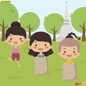 วอลเปเปอร์ติดผนังลายการ์ตูนเด็กไทยละเล่นวิ่งกระสอบหน้าเจดีย์สีขาวช่วยเพิ่มความสนุกสนานและดึงดูดสายตาให้กับพื้นที่จัดกิจกรรมสำหรับเด็กและครอบครัว