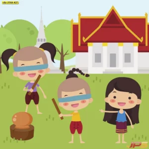 ภาพตกแต่งห้องลายการ์ตูนประเพณีไทยและวัฒนธรรมย้อนยุครูปเด็กเล่นปิดตาตีหม้อหน้าวัดช่วยสร้างบรรยากาศที่รื่นเริงและเป็นเอกลักษณ์ไทยที่น่าจดจำ