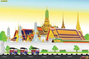 วอลเปเปอร์กราฟิกลายไทยภาพวัดพระแก้วและขบวนรถตุ๊กตุ๊กสีสันสดใสใต้ท้องฟ้ายามเย็นช่วยเปลี่ยนผนังห้องเดิมให้กลายเป็นงานศิลปะไทยโมเดิร์นที่ทรงคุณค่า