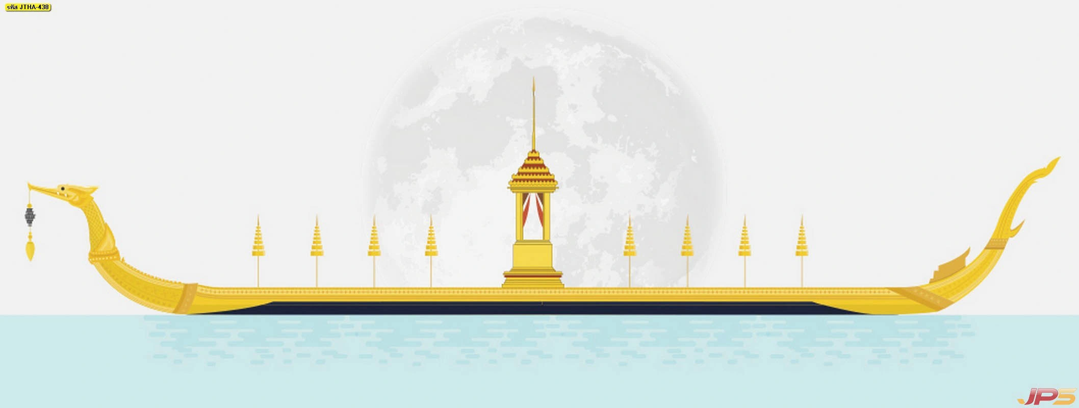 วอลเปเปอร์ลายเรือสุพรรณหงส์สไตล์กราฟิกสีทองอร่ามหน้าดวงจันทร์เต็มดวงขนาดใหญ่เสริมดวงและโชคลาภในการตกแต่งห้องทำงานและโถงทางเดินหลักของบ้าน