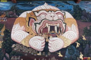 ภาพหนุมานหาวเป็นดาวเป็นเดือนจิตรกรรมฝาผนังลายเส้นดั้งเดิมที่มีความละเอียดสูงช่วยให้ห้องดูมีมิติและความศักดิ์สิทธิ์