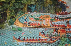 วอลเปเปอร์ลายไทย 3D ภาพกระบวนพยุหยาตราทางชลมารคเรือพระที่นั่งสุพรรณหงส์งานศิลปะไทยนูนต่ำสีสันวิจิตรงดงามตระการตา