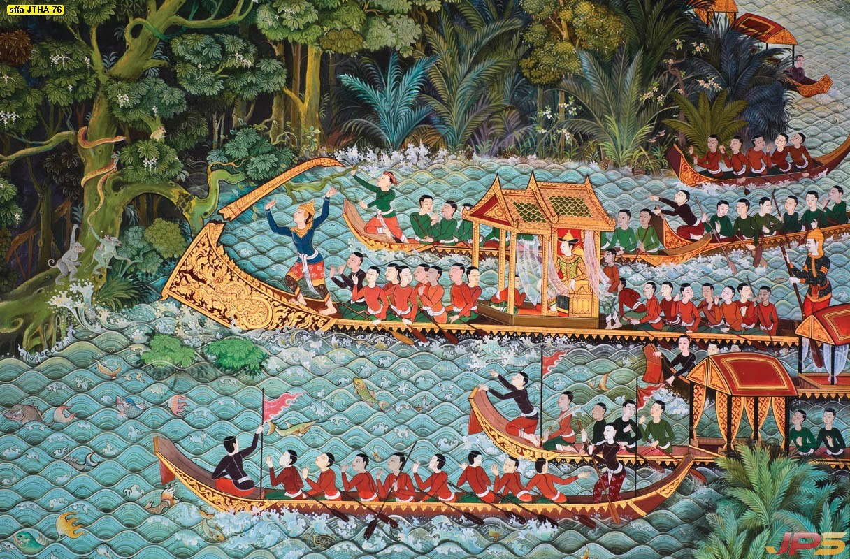 วอลเปเปอร์ลายไทย 3D ภาพกระบวนพยุหยาตราทางชลมารคเรือพระที่นั่งสุพรรณหงส์งานศิลปะไทยนูนต่ำสีสันวิจิตรงดงามตระการตา