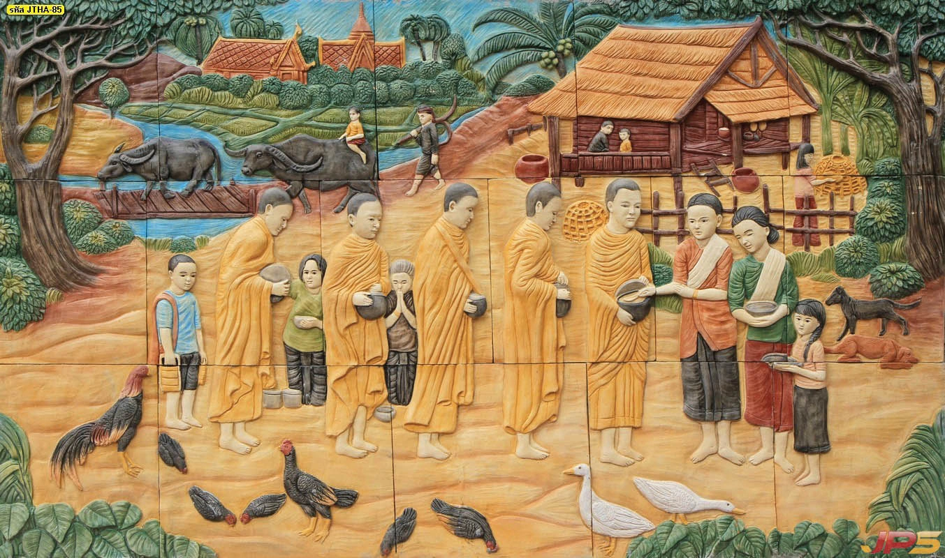 วอลเปเปอร์ลายไทยแกะสลักภาพพุทธศาสนิกชนใส่บาตรพระสงฆ์ท่ามกลางธรรมชาติในชนบทเสริมความเป็นสิริมงคลให้กับพื้นที่ห้องพระ