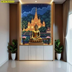 ตกแต่งผนังห้องพระด้วยวอลเปเปอร์ลายจิตรกรรมไทยร่วมสมัยภาพพระพุทธรูปปางสมาธิหน้าเจดีย์สีทองในกรอบไม้บิวท์อินที่ดูเรียบหรูและสง่างาม